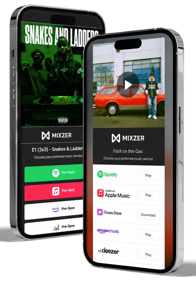 Dos celulares mostrando una página SmartLink de Mixzer, con botones de Pre-Save en Spotify, Apple Music y Deezer